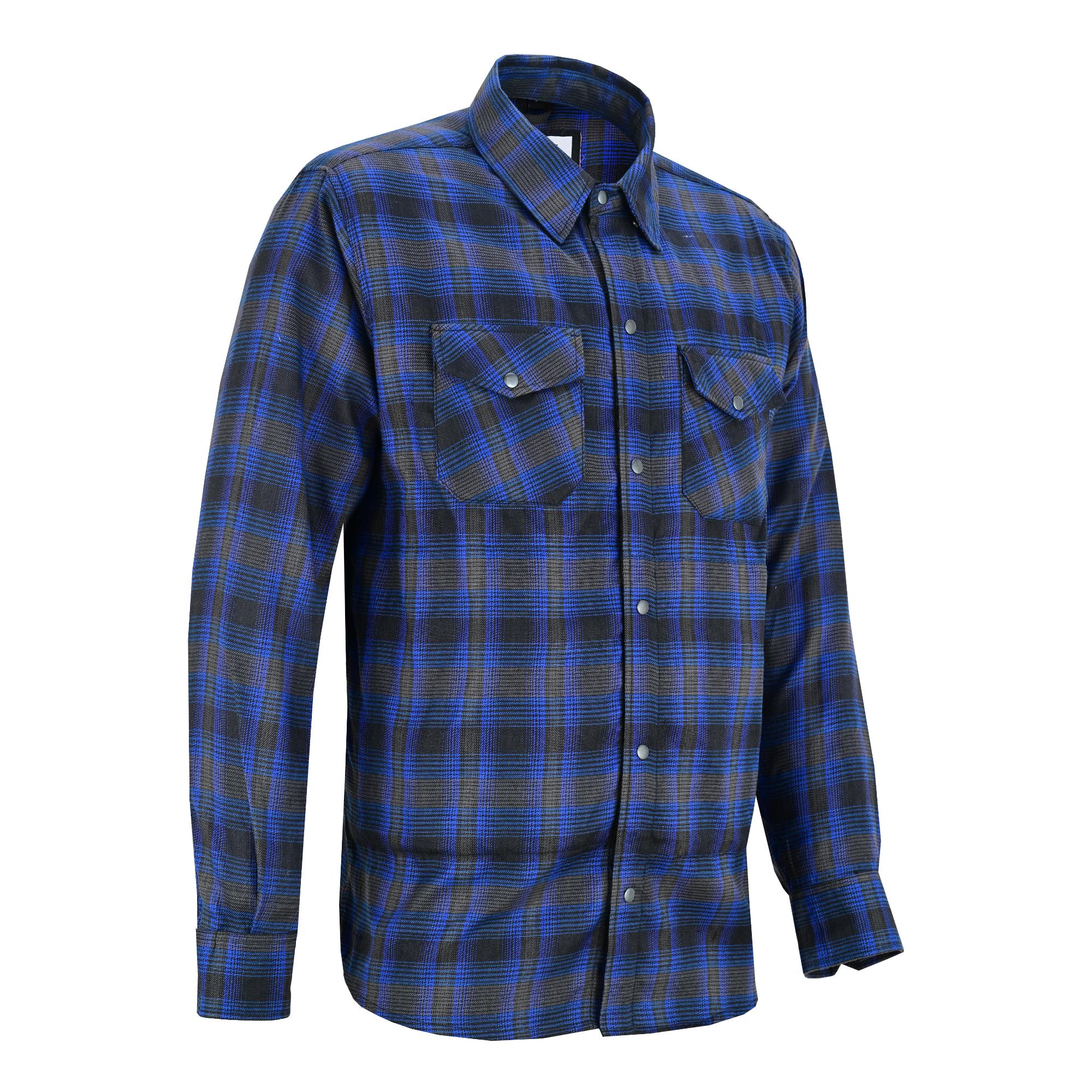 Blue and black LVAD flannel shirt for HeartMate with dual chest pockets, controller storage, and reinforced stitching.